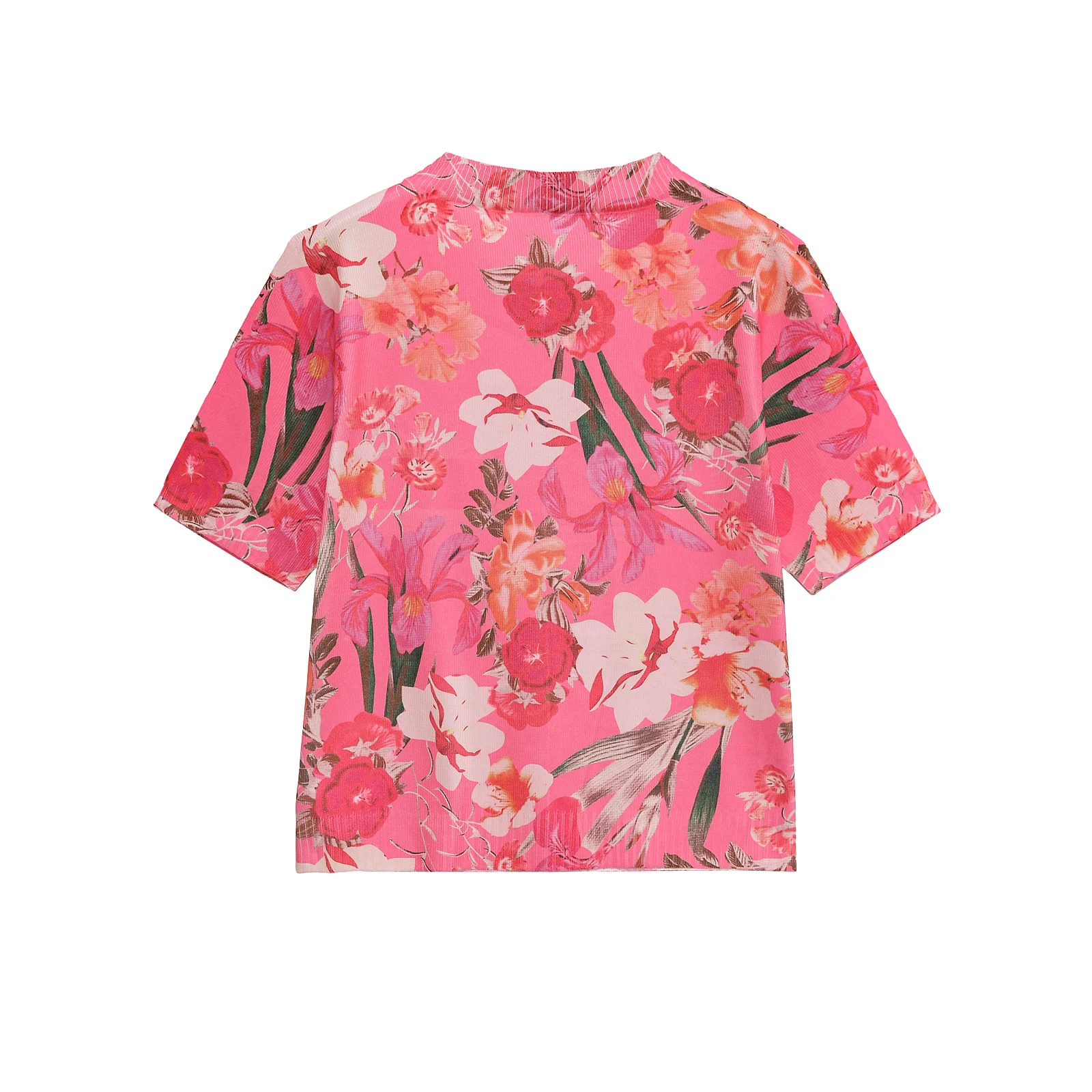 KONDALA Chic 2025 Summer Floral Pink Woman Sweaters Fashion Vintage Single Breasted Mujer Top O-Neck Elegant Short Sleeve Shirt