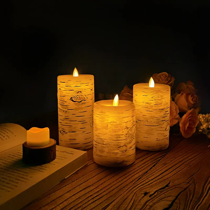 Flickering Flameless Candles Battery Operated Birch Bark LED Pillar Candles with Remote Moving Wick Decorative Candles Home