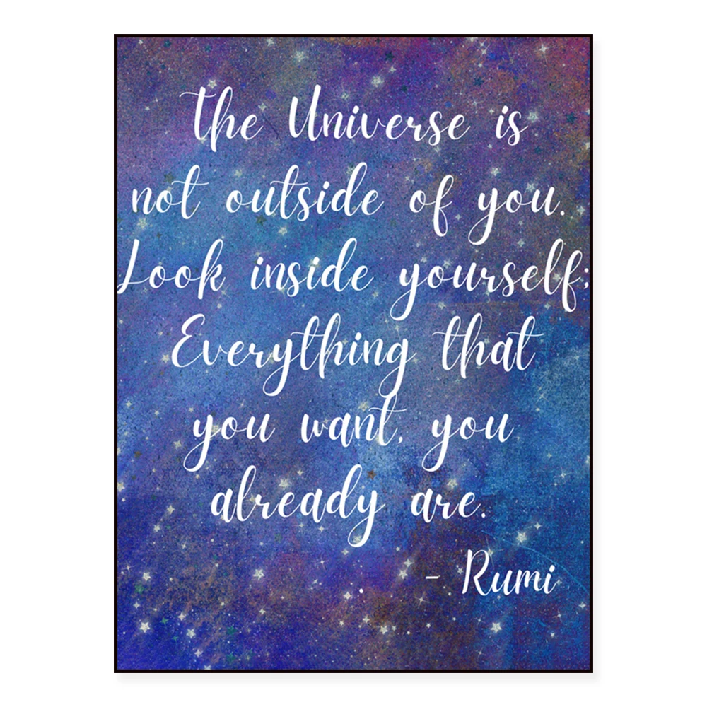 Rumi Quote: The Universe is not outside of you. Look inside yourself - everything that you want you already are. Empowering Art
