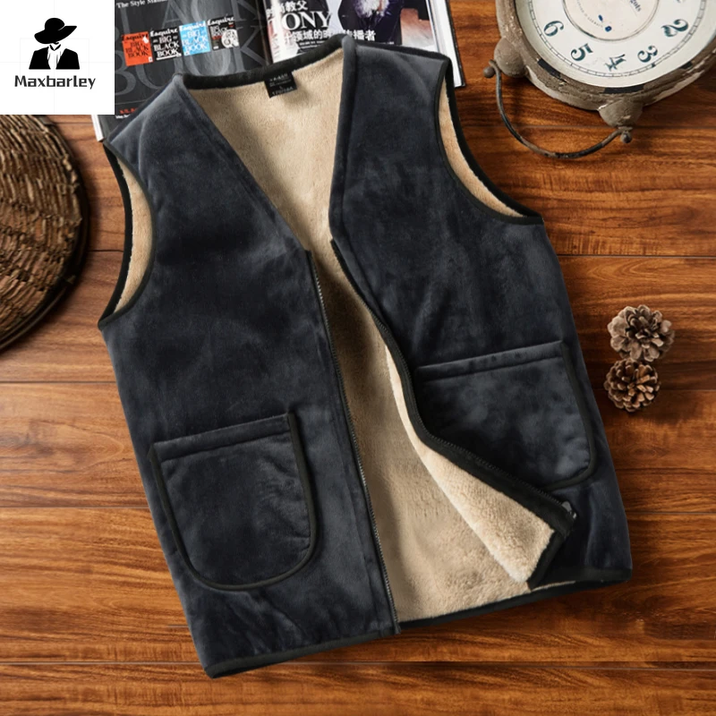 

Winter Silver Fox Velvet Vest Jacket Men's Fashion V-neck Thick Warm Sleeveless Work Jacket Male Daily Casual Cold-proof Vests