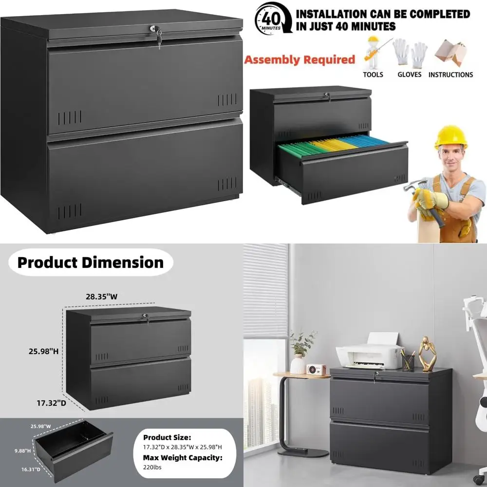 Archivador seguro de metal con 2 cajones para archivos A4, cartas y legales: negro, compatible con soporte para impresora, solución de almacenamiento de oficina