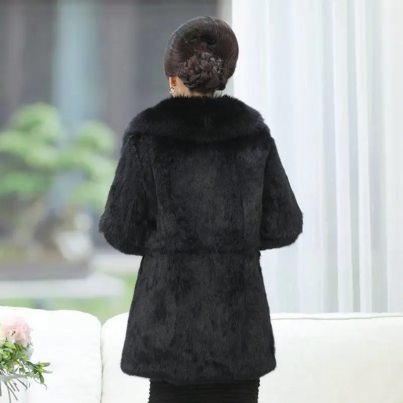 Female Winter Long Style Real Fur Coat Warm Thick Rabbit Fur Jacket Women 100% Natural Real Rabbit Fur Coat With Fox Fur Collar