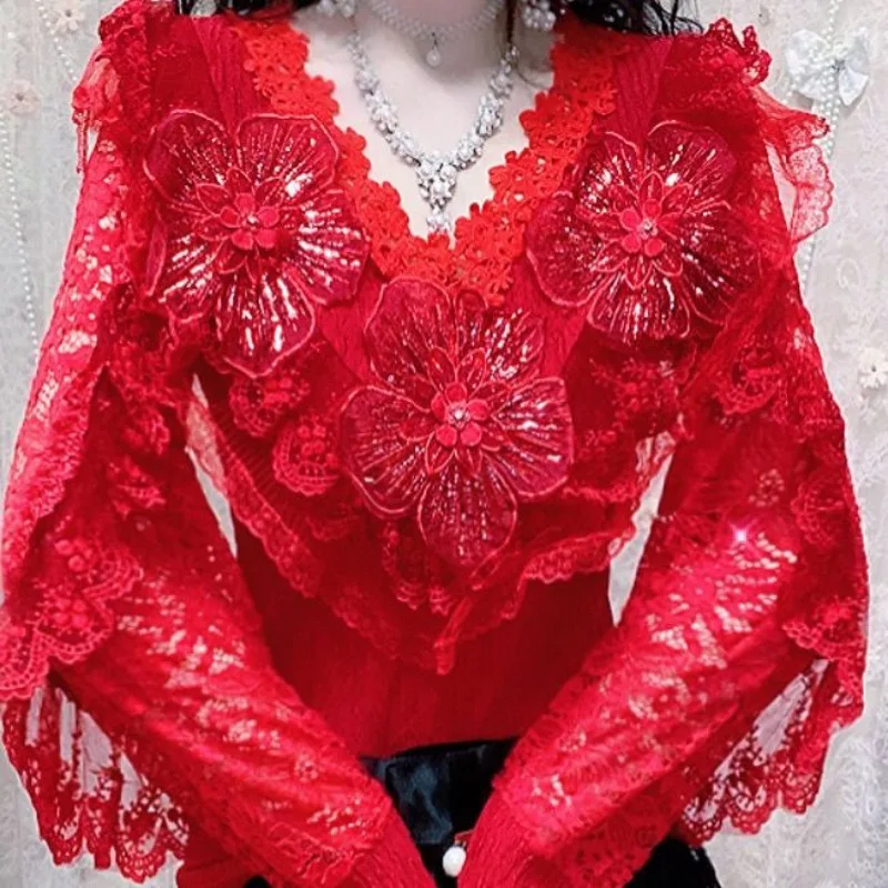 

Blouse Women's Autumn/Winter Lace Floral Fitted Long-sleeved Designer Fashionable High-end Casual Comfortable Niche Versatile