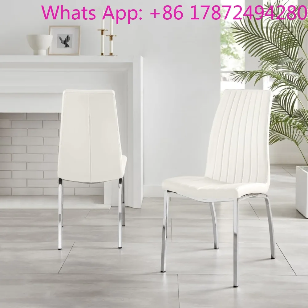 Set of 2 Leather Upholstered White Dining Chairs with Silver Chrome Legs