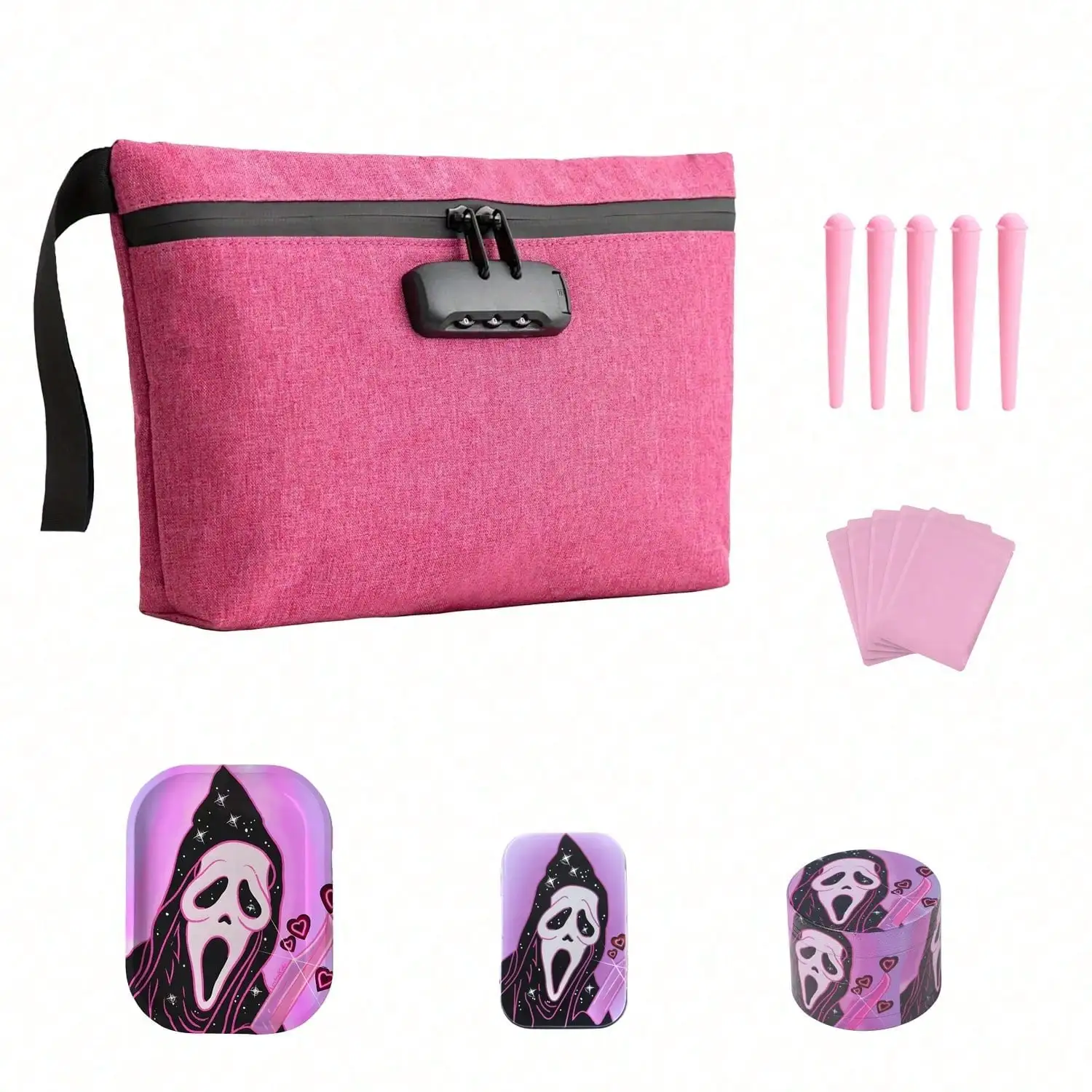 

14 Pieces Spooky Ghost Smell Proof Pouch Bag with Combination Lock Metal Grinder Rolling Tray Mylar Bag Storage Tube Kits