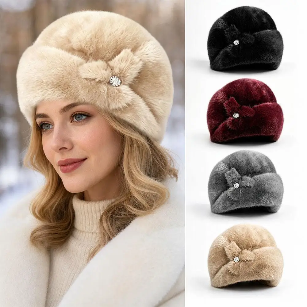 Winter Hat Faux Rabbit Fur Flower Decor Thickened Hat Luxury Keep Warm Solid Color Autumn Winter Thermal Middle-aged Cap ﻿