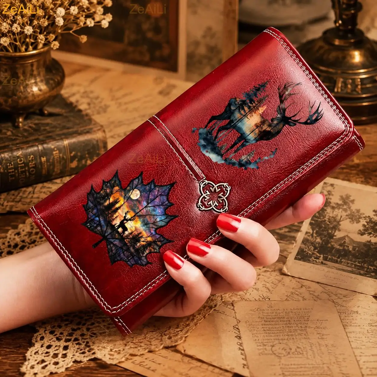 Magic Leaf Deer Starry Sky Mountains and Forest Deer Tree PU Wallet Long Purses for Cards Holder Wallets Ladies Handbags