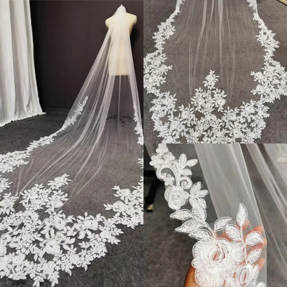 

Мягкая тюлевая белая свадебная фата по индивидуальному заказу, однослойная длинная фата в соборе, аппликация по краям, свадебные аксессуары