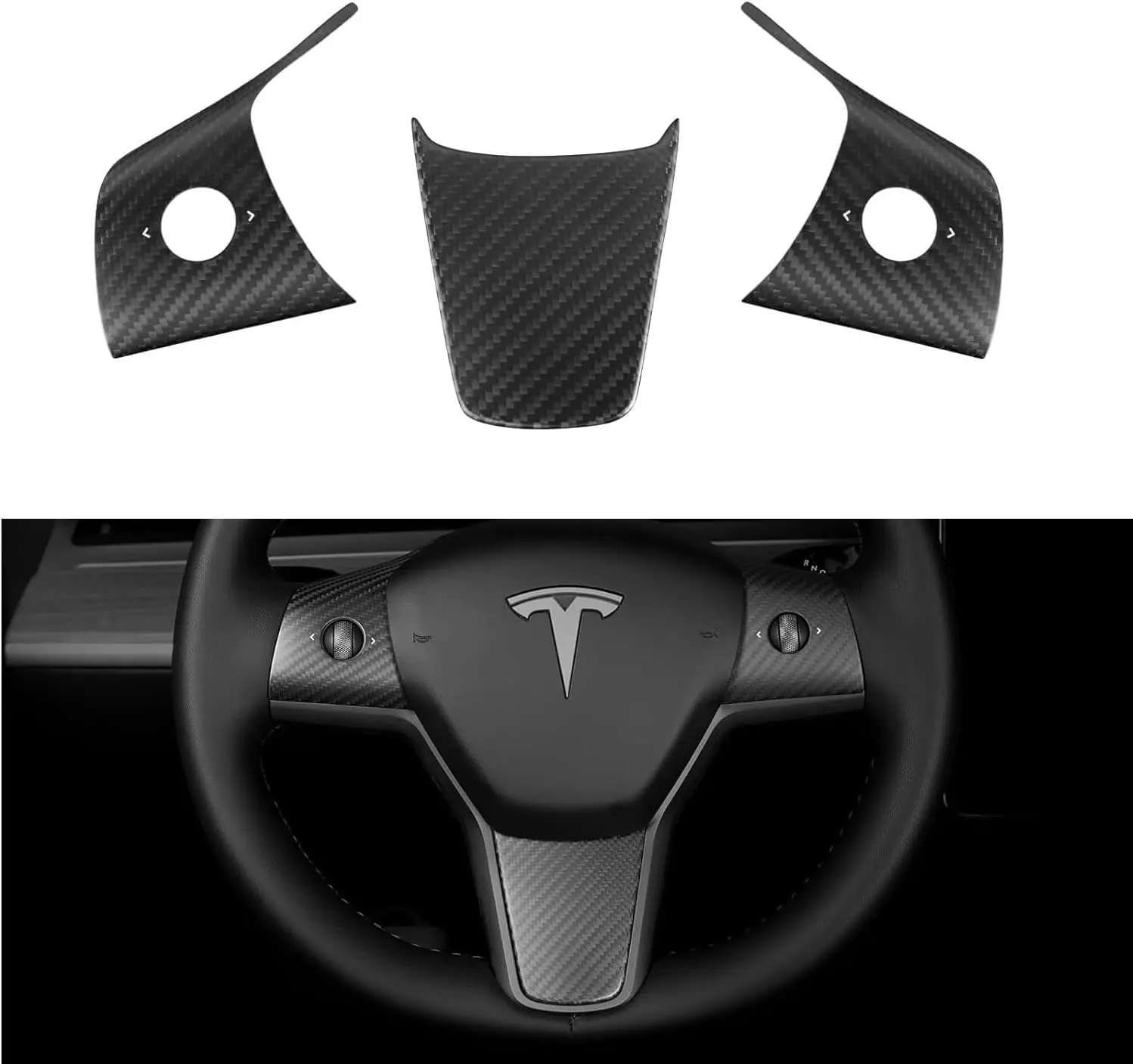 

Carbon Fiber Interior Steering Wheel Cover Trim Accessories for Tesla Model 3 2017-2023,Model Y 2020-2023 (Matte Black) 3PCS