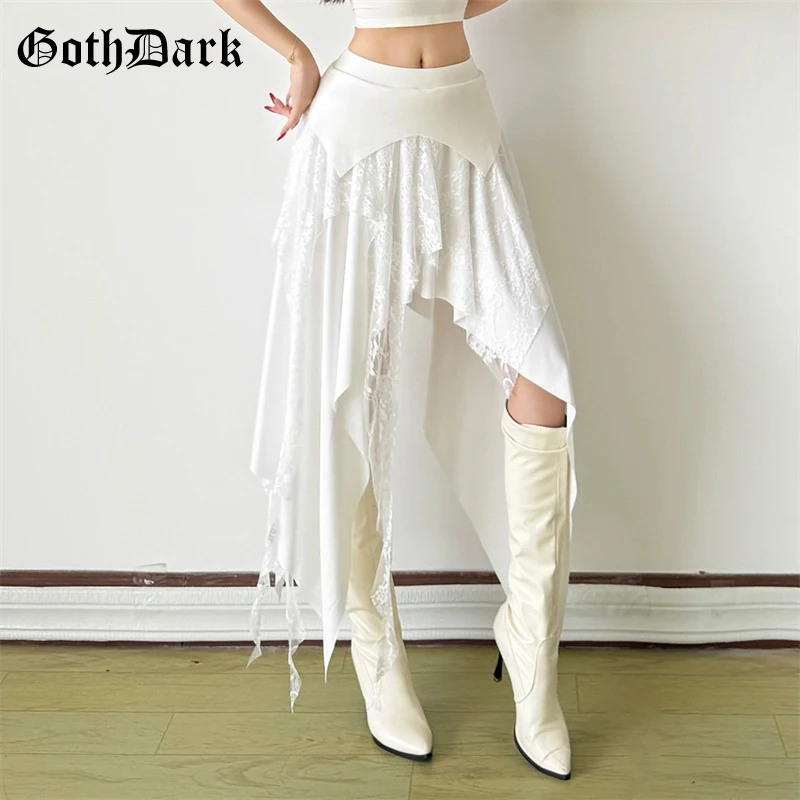 

Goth Dark Cyber Y2K Lace Patchwork Skirt E-girl Streetwear Mall Gothic Fashion Irregular Hem Skirts Women Alternative Bottoms