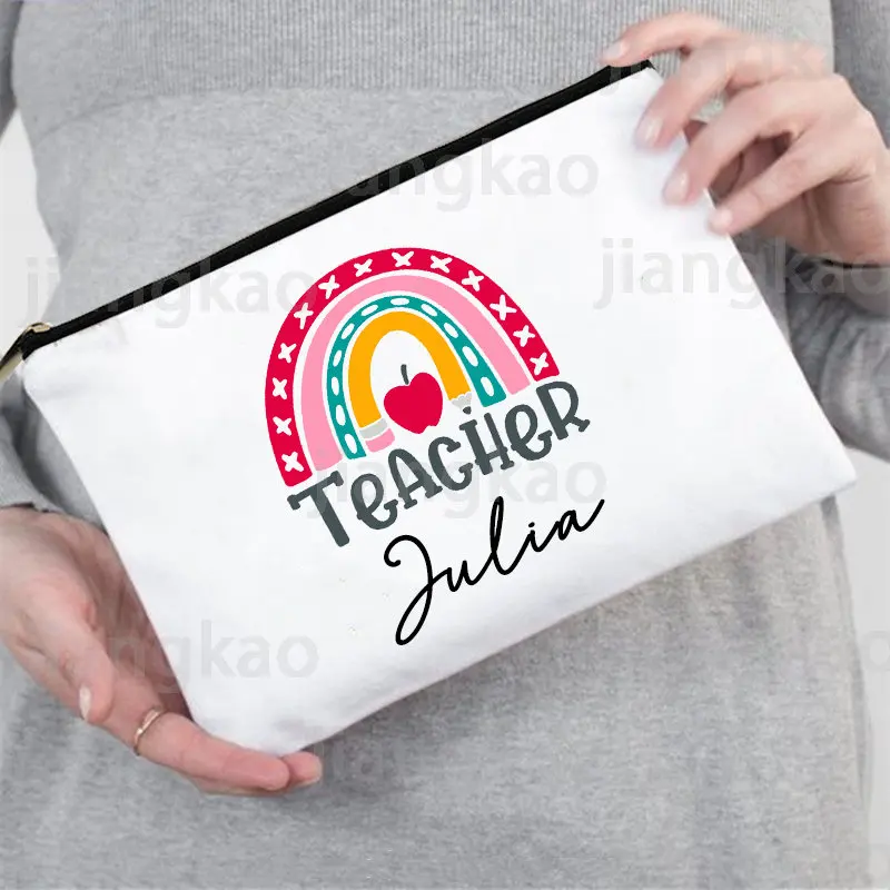 Rainbow Teacher Print Pencil Case Personalized  Custom Name Stationery Supplies Storage Bags Travel Wash Pouch Makeup Bag Gifts