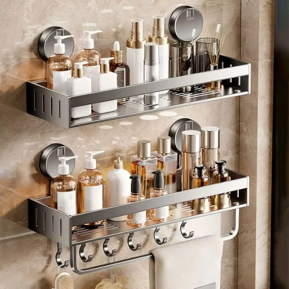 

Стеллаж для ванной комнаты на присоске из углеродистой стали, настенное крепление, полка для хранения душа без перфоратора, прочная несущая способность, большая вместимость