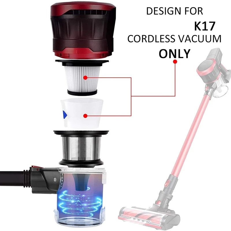 Filtro HEPA de repuesto y pantalla de colador con cepillo de limpieza apto para MOOSOO K17, aspiradora inalámbrica, 8 juegos