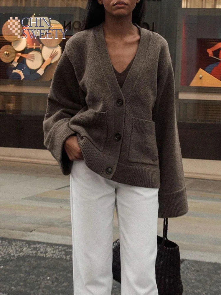 

Осенние женские укороченные кардиганы с v-образным вырезом, вязаный свитер, пальто с длинными рукавами и карманами, повседневная уличная одежда, новинка 2025, модная верхняя одежда