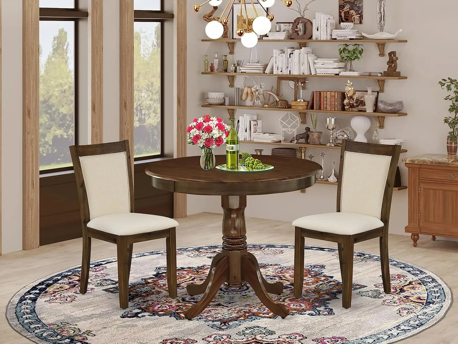 East West Furniture Anmz3-Awa-32 3 Piece Dining Room Table Set Consist Of A Round Kitchen Table With Pedestal And 2 Parson