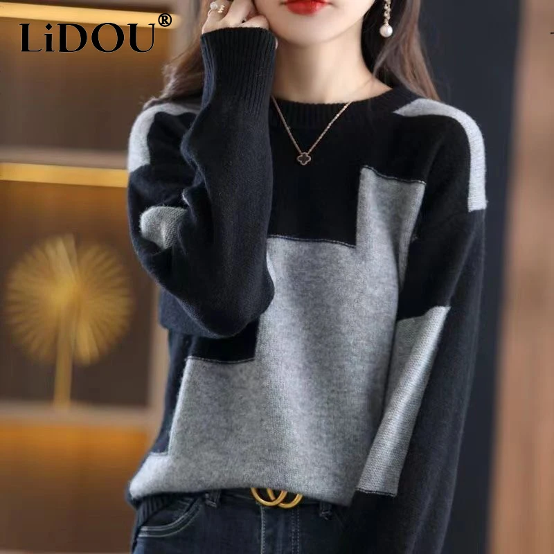 Jesienno-zimowy kontrastowy kolorowy sweter damski luźna moda codzienna na cały mecz swetry dziewiarskie damski oversize top z dołem