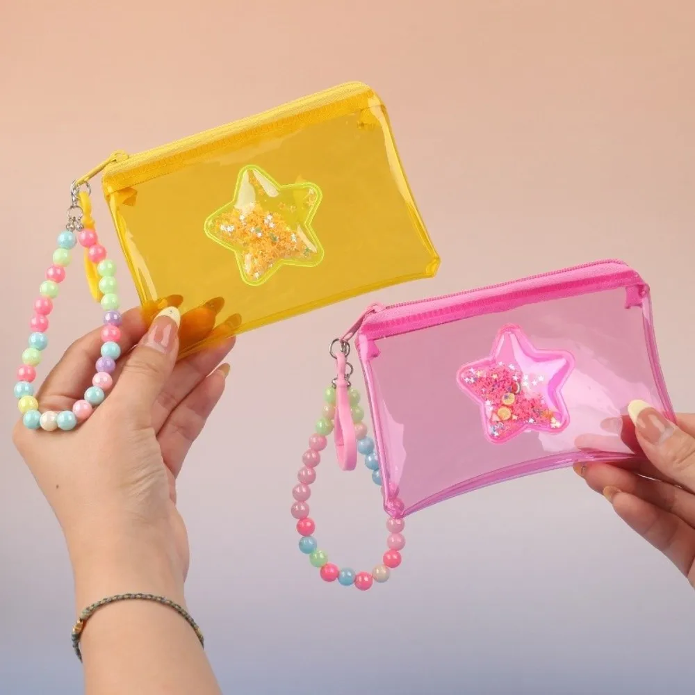 Cute Quicksand Coin Purse Colorful PVC Small Wallet with Beaded Lanyard Transparent Travel Storage Bag