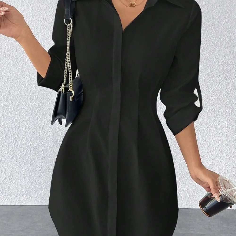 Women Slim Fit Shirt Dress Lapel Button Down Dresses Long Sleeve Casual Elegant Mid Length Skirt Office Lady Daily Wear Outfits
