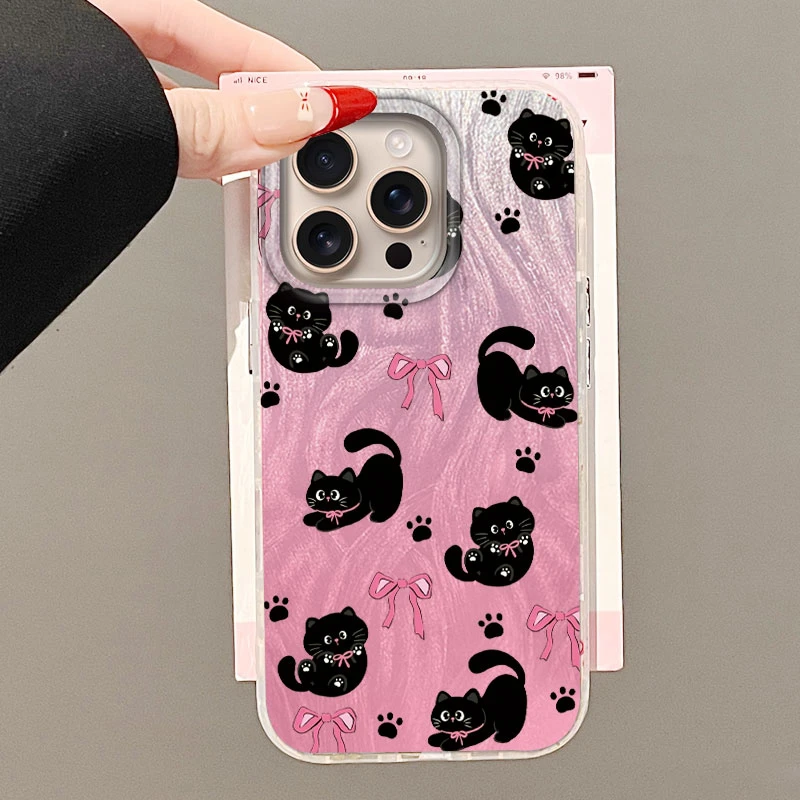 Luxuriöse silberne Handyhülle für iPhone 16 16e 15 14 13 Pro Max 7 8 SE 2022, stoßfeste Stoßstange, Farbverlauf, niedliche schwarze Katze, Fundas, Rosa