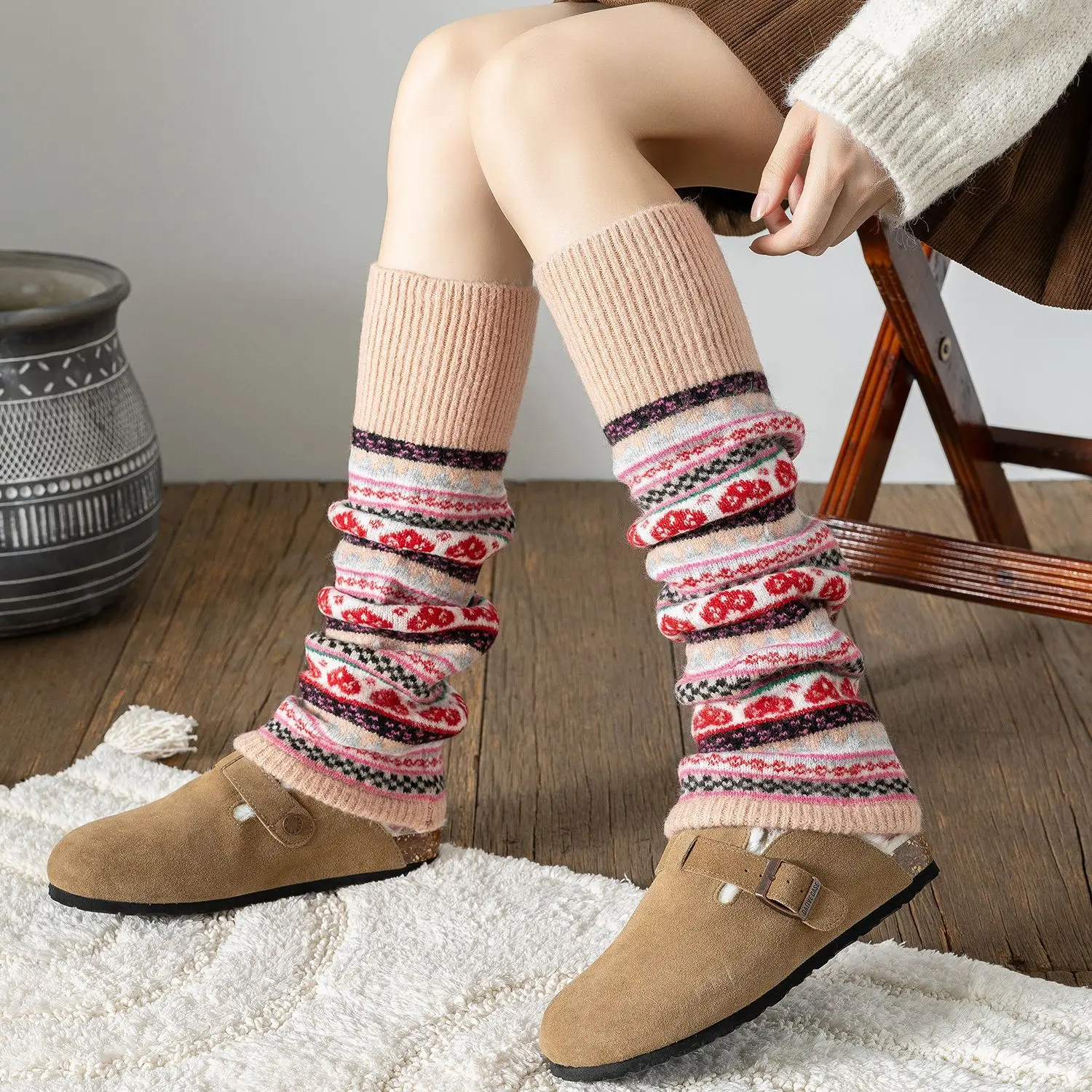 Bohemian Heart Pattern Knitted Leg Warmers Over The Knee Boot Cuffs Yoga Dance Ballet Socks, Winter Warm Knitwear Gifts Women​