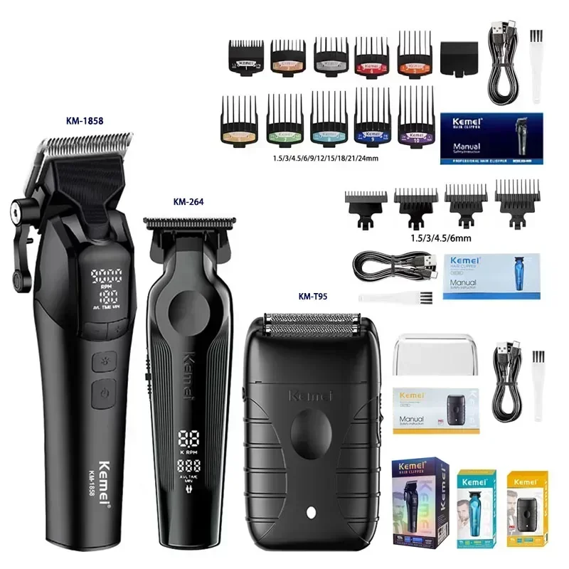 Kemei KM-1858 9000RPM 10W Hair Clipper KM-264 Rechargeable Electric Trimmer Original KM-T95 Shaver for Men Barber Clippers Kit