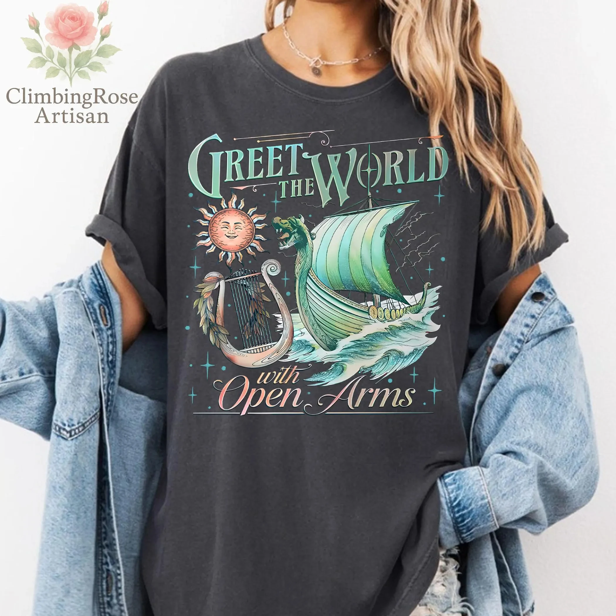 Summer Women's Vintage Greet The World with Open Arms T-Shirt Unisex Cotton and Breathable Short Sleeve Oversized Loose Casual