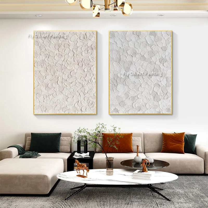 Light Pink And White Knife Thick Canvas Artwork Simplism Hand Painted Set Of Two Grey White Oil Pianting Large Artwork Decor