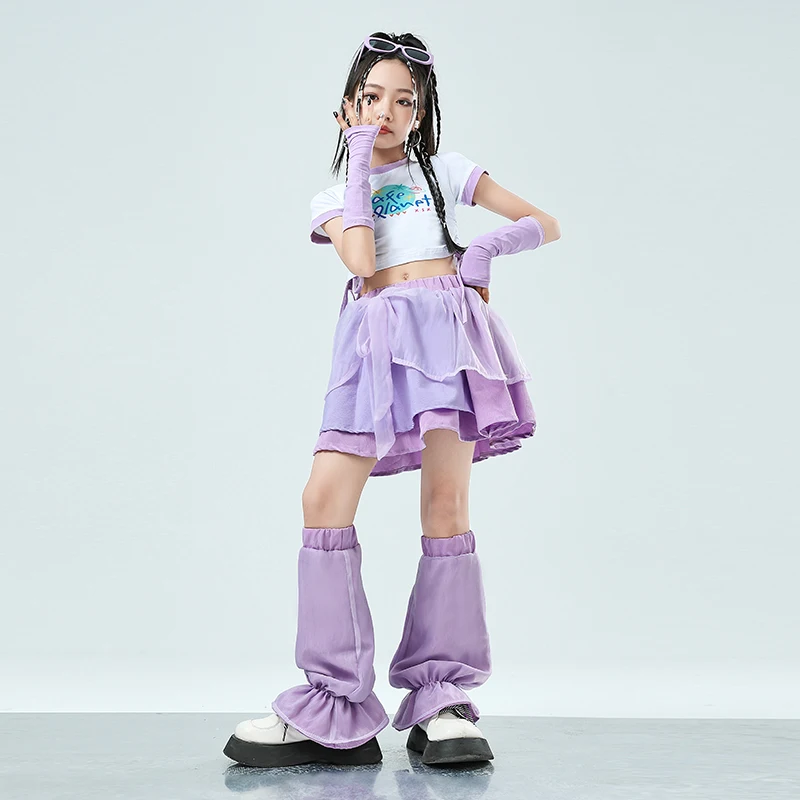 Mädchen niedlichen Streetwear Outfits Kinder Hip Hop Crop Top lila gestufte Röcke Kleidung setzt Kinder Teenager Street Dance Jazz Kostüme