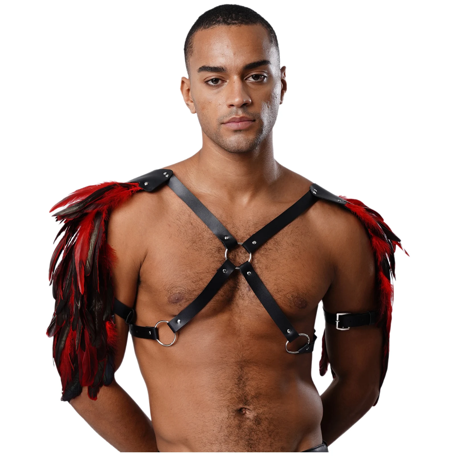 

Mens Gothic Punk Feather Shoulder Armor Straps Rivets O-ring Linked PU Leather Chest Harness Shrugs Halloween Cosplay Accessory