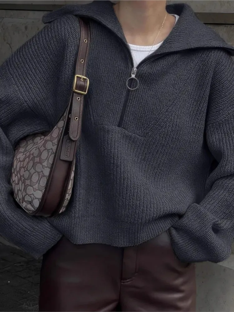 

Autumn And Winter New Commuting Loose Lapel Zipper Pullover Women's Simple Solid Color Casual Versatile Long-sleeved Sweater