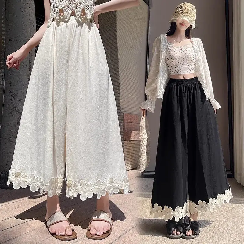Summer Lightweight Floral Patchwork Wide Leg Pants for Women with Soft Feel and Petite Casual Style