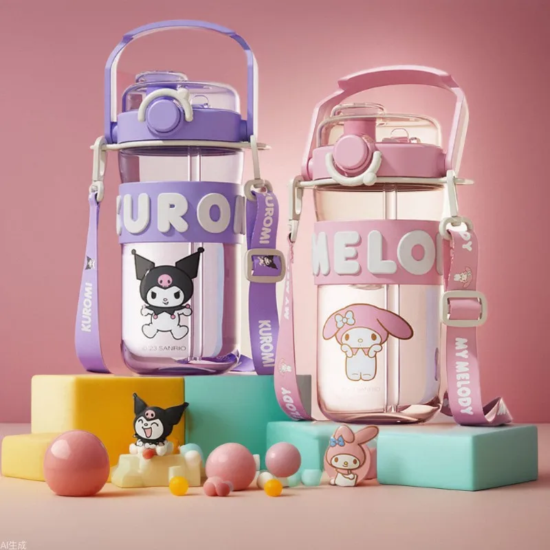 

745ML Sanrio Kuromi Cute Girl kettle Kawaii Cartoon Melody Water Bottle Children's Straw Transparent Cup Student Crossbody Cup