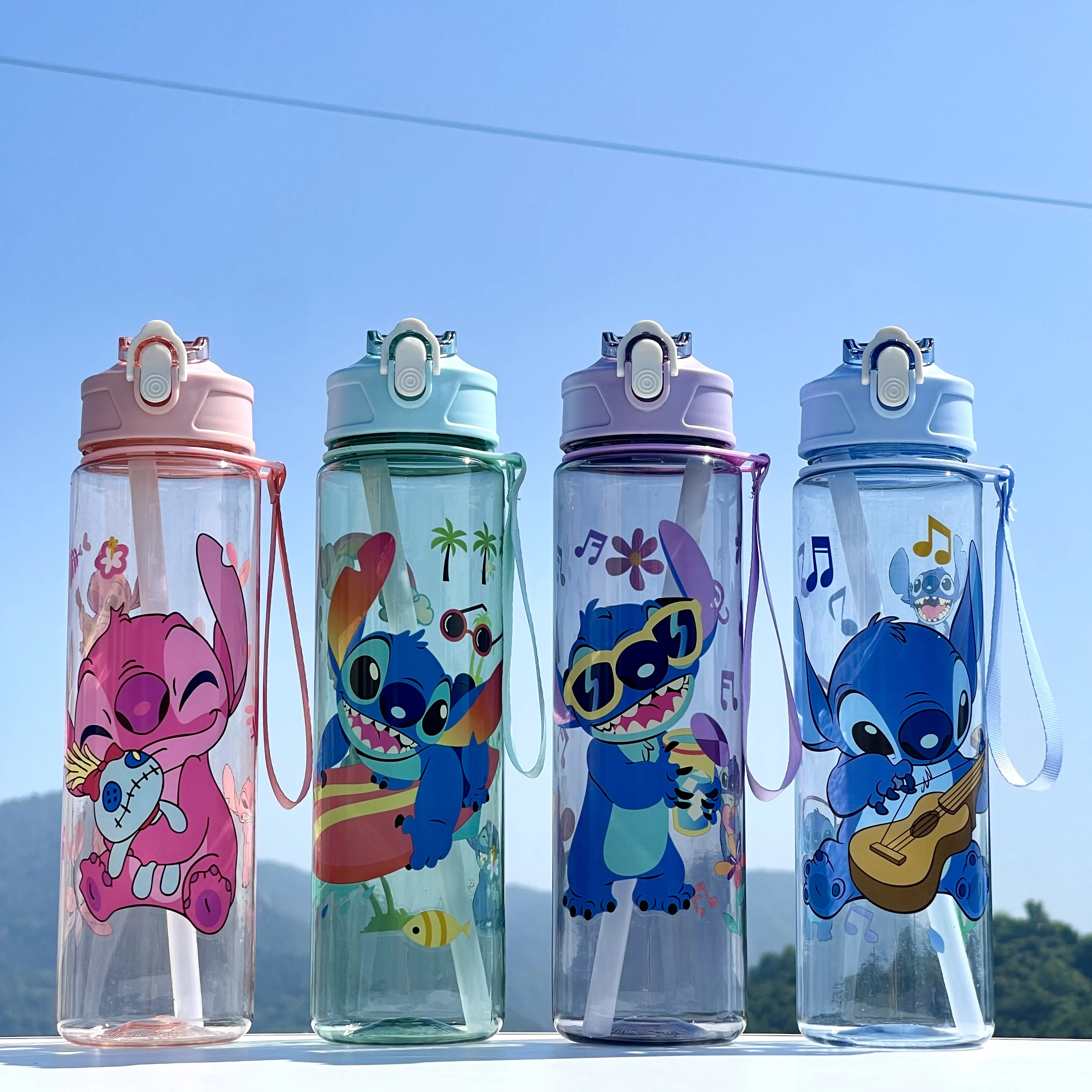 Lilo & Stitch Themed Bpa Free 800Ml Sports Water Bottle With Straw Durable For Camping Hiking Home School Gift For Parents Coupl-image
