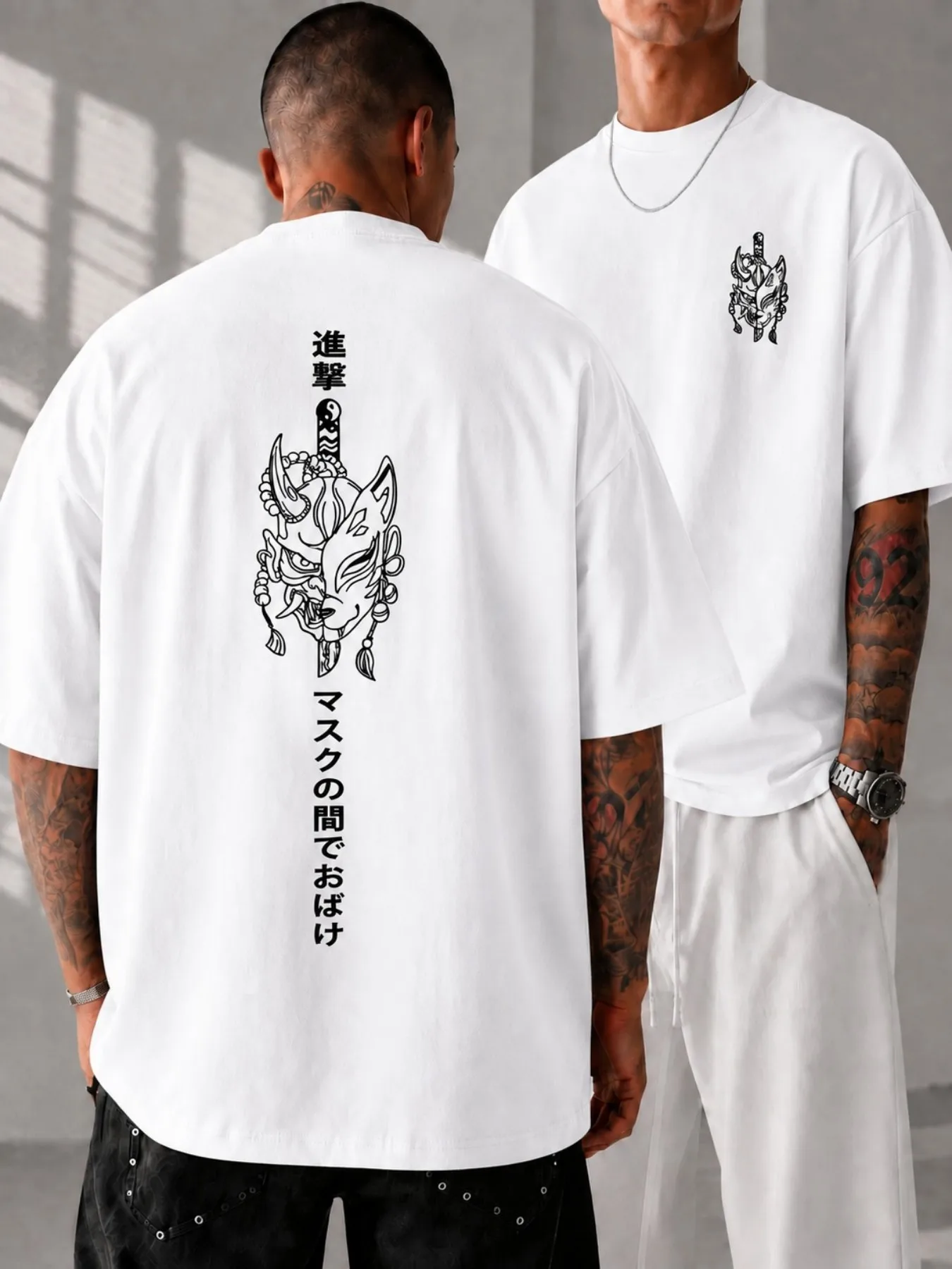 Mask Vertical Kanji Letter Graphic T Shirt Men Women Oriental Demon Art Loose Cotton Short Sleeve Casual Tops Men Clothing