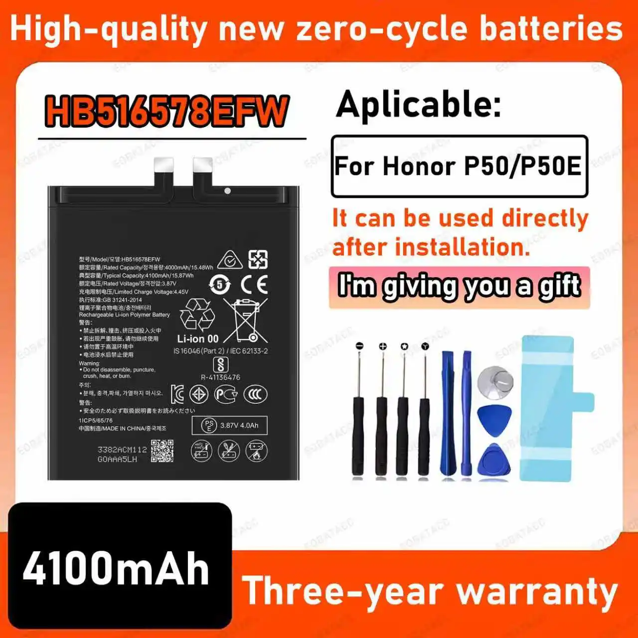 4100mAh 100% New HB516578EFW Battery For Honor P50/P50E Replacement Bateria+Free Tools