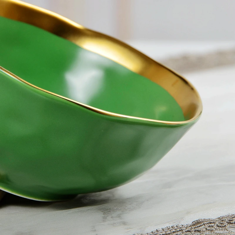 European style gilded ceramic green glazed food bowl, colored glazed fruit salad bowl, European style breakfast bowl, 6-inch bow