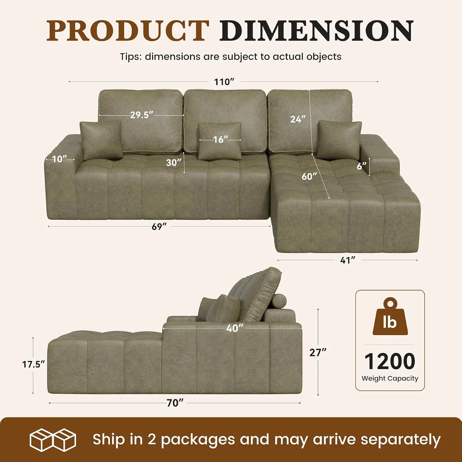 110'' Modular Sectional Sofa With Chaise Green Right Facing, Customized