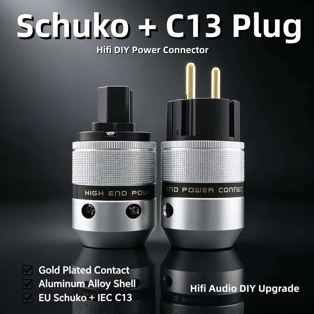 HiFi Schuko Male Plug + IEC C13 Female Connector Set Gold Plated Aluminum Alloy EU Standard for DIY Audiophile Power Cable
