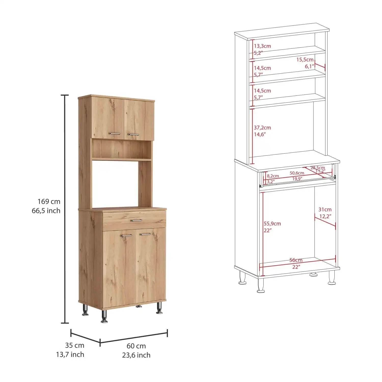 Della 60 Kitchen Pantry with Countertop, Closed & Open Storage Light Oak