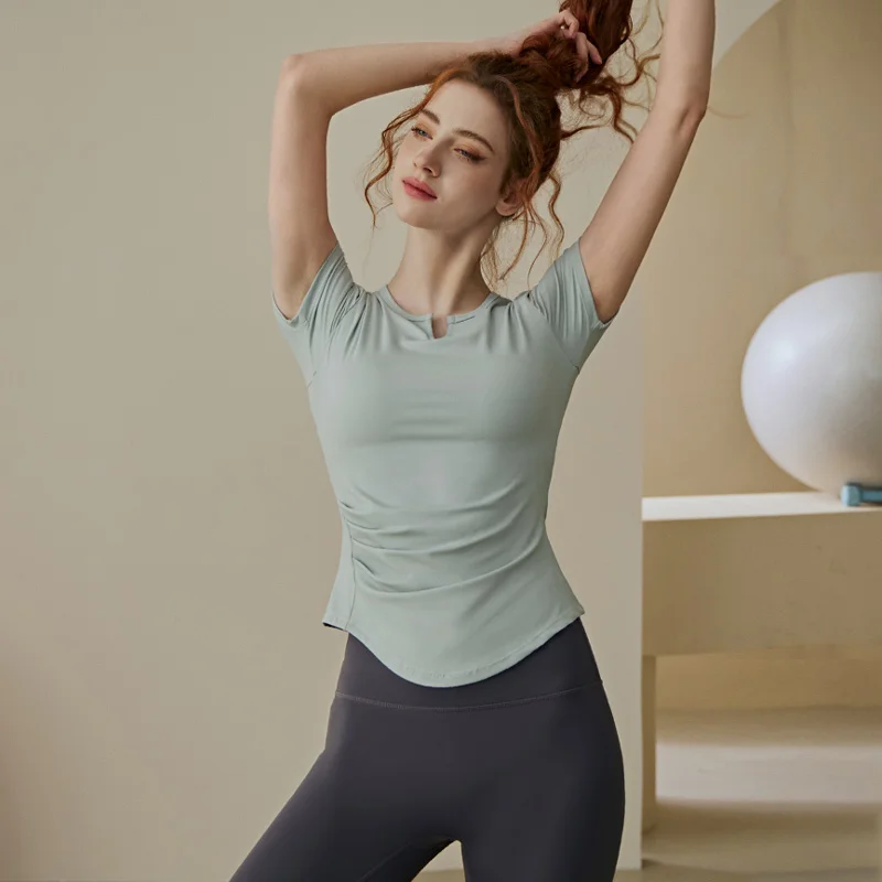 T-shirts de yoga et de fitness pour femmes, respirants, à séchage rapide, col en V, pour la course et l'exercice, hauts de sport décontractés