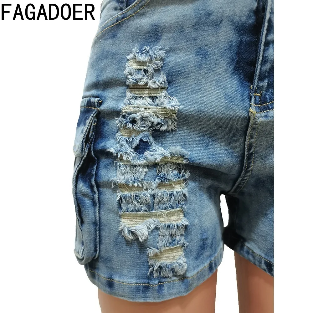 FAGADOER Fashion Tie Dye Blue Print Hole Pocket Denim Shorts Women High Waist Button Cargo Jean Female Elasticity Cowboy Bottoms