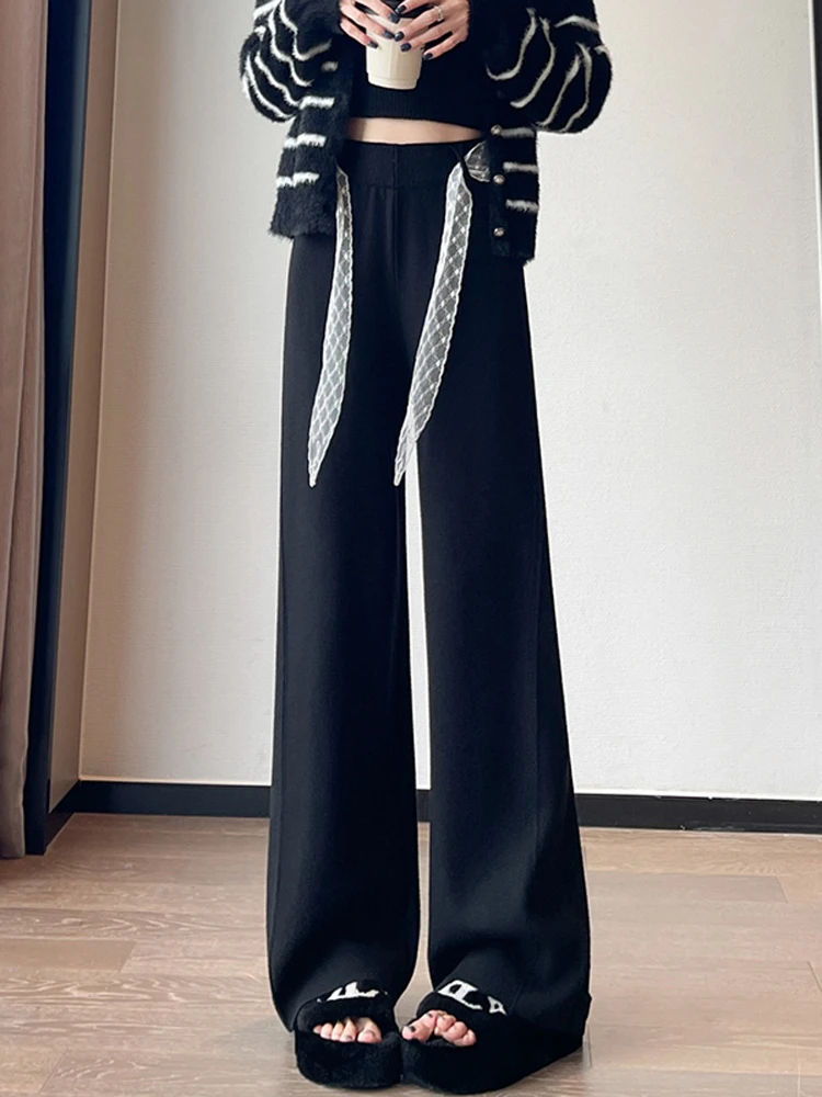 Pantalon tricoté à jambes larges pour femmes, taille haute, élastique, amincissant, décontracté, polyvalent, jambes droites, automne et hiver