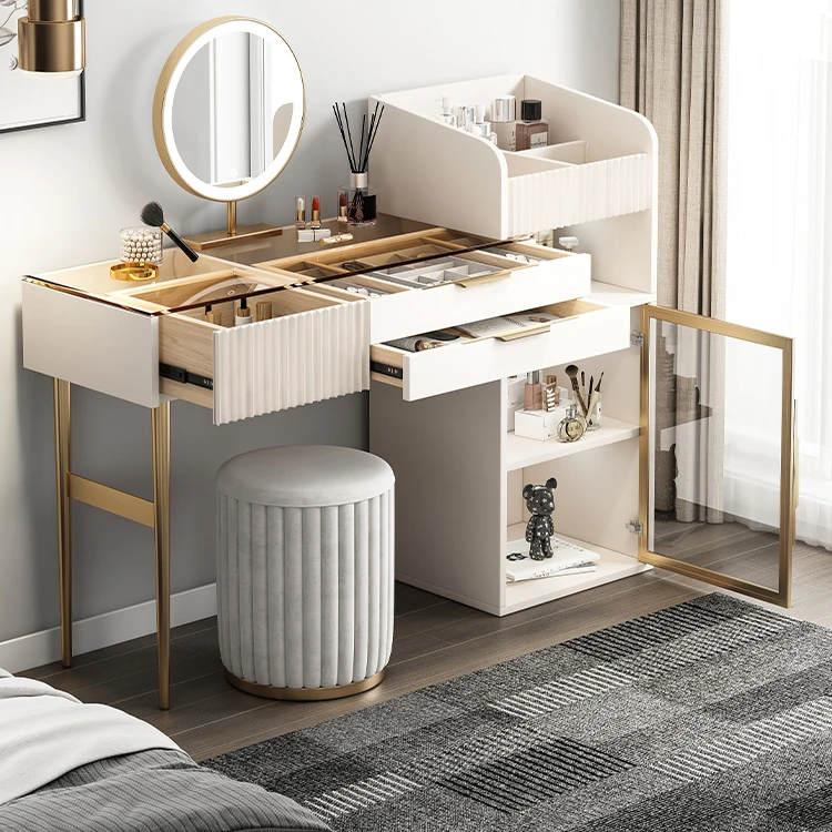 

Advanced bedroom, modern and minimalist slate makeup table, small unit storage cabinet, integrated table