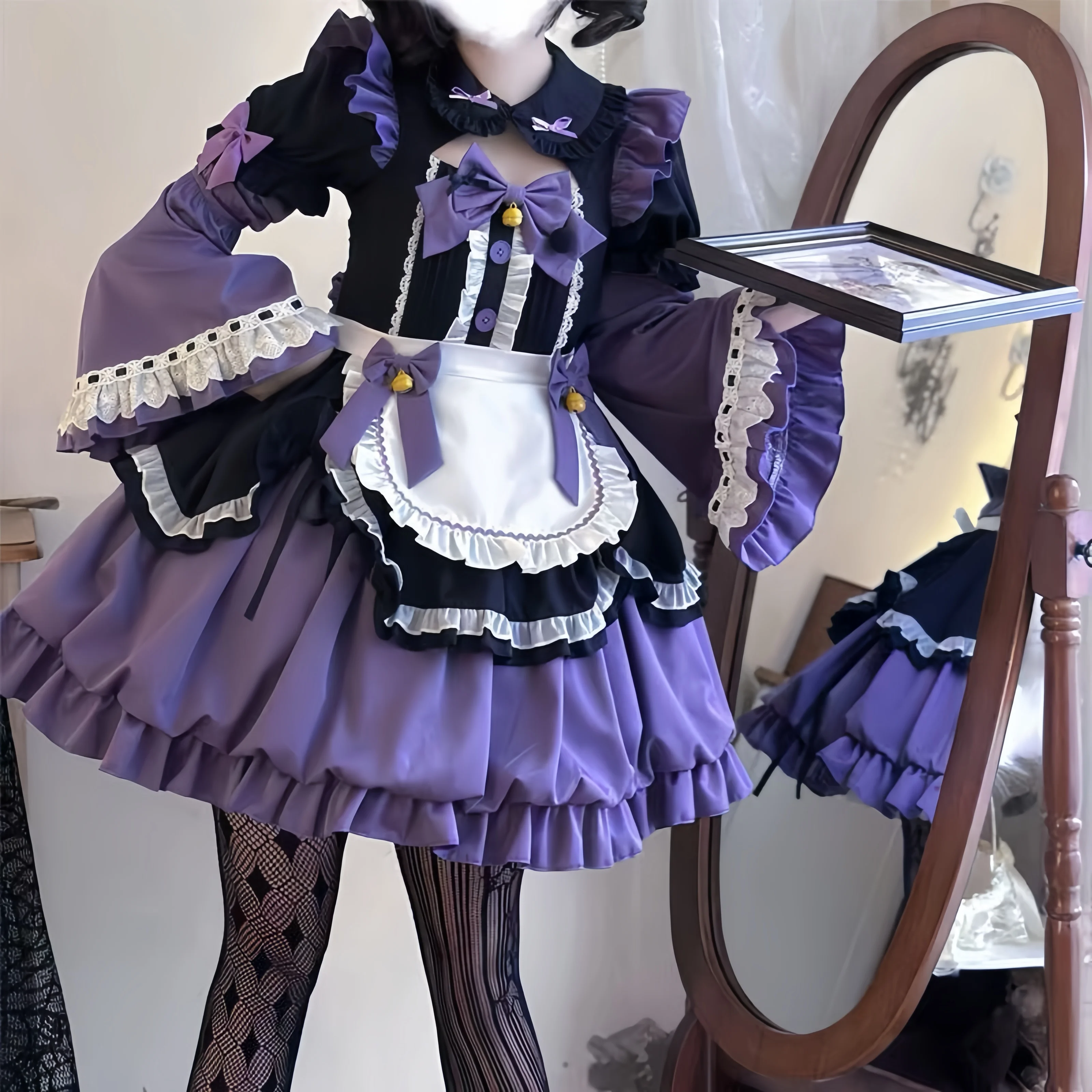 Image of Schwarz Lila Maid Lolita Kurzarm Kleid Japanischen Stil Süße Farbe Passenden Frauen Mädchen Cosplay Ballkleid Kleider