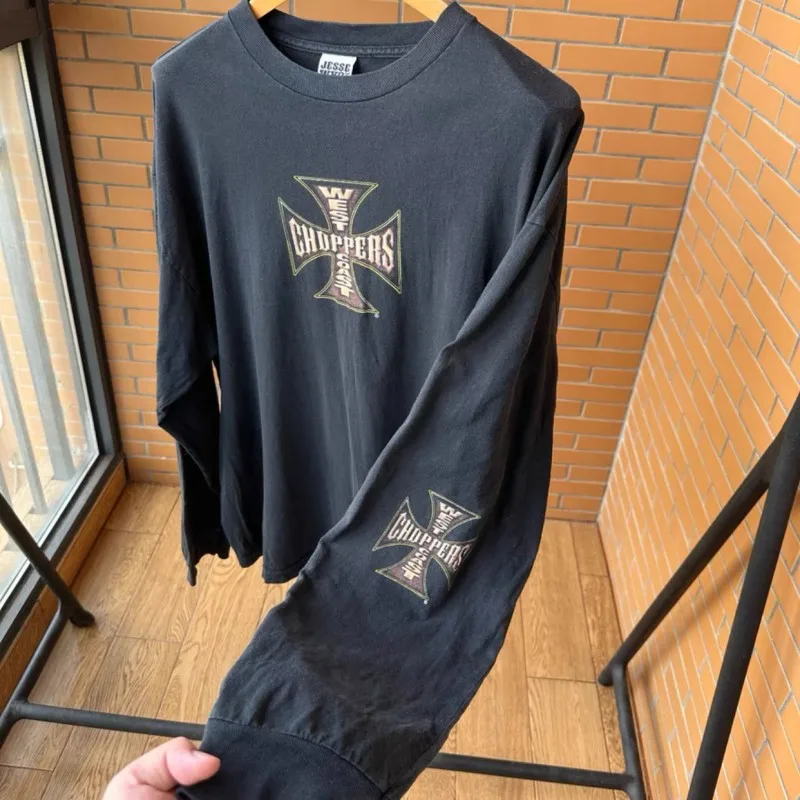 American Street West Coast Choppers Long Sleeve Tshirt Flame Motorcycle Skeleton Retro Cross Print Black Cotton Men Women Top