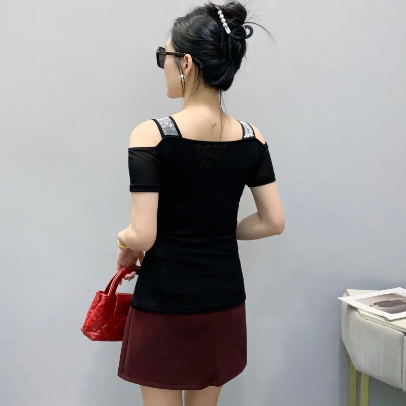 Summer Streetwear Fashion Women's T-shirt Luxury Design Butterfly Hot Diamonds Tee Sexy Off Shoulder Girls Tops European Clothes
