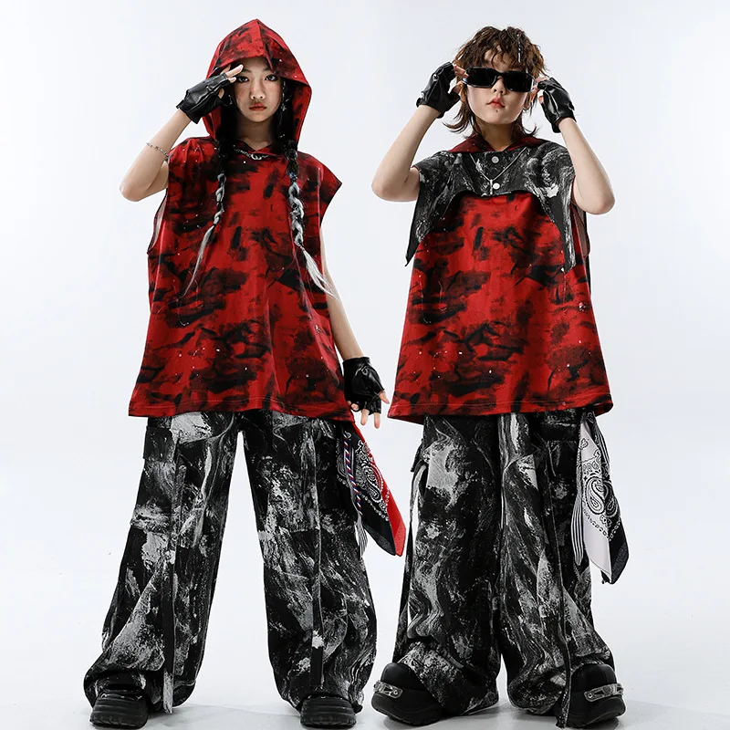 Boys Hip Hop Cool Loose Hooies Tie Dye Vest Street Dance Cargo Pants Girls K-pop Costumes Kids Streetwear Children Clothes Sets