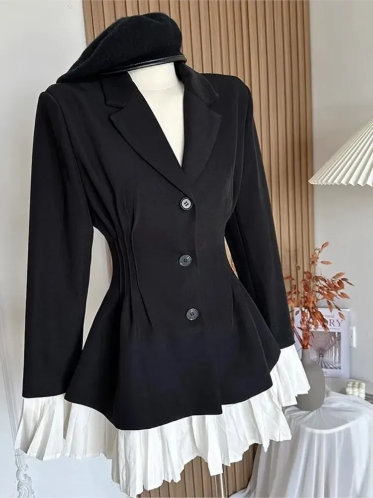 Corea Patchwork Blazer abiti donna manica svasata etichetta collare Mini abiti autunno New Office Lady abbigliamento monopetto