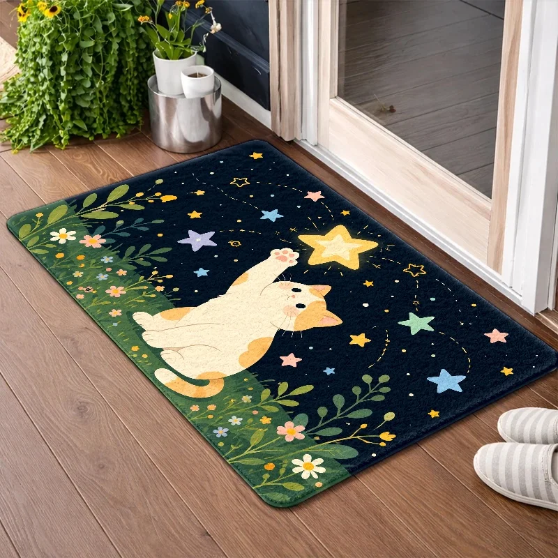 [2Dflat] Flannel Floor Mat, Cute Cat And Star Pattern Floor Mat, Durable, Washable Doormat, Suitable for Living Room, Bedroom, Bathroom, Kitchen, Balcony