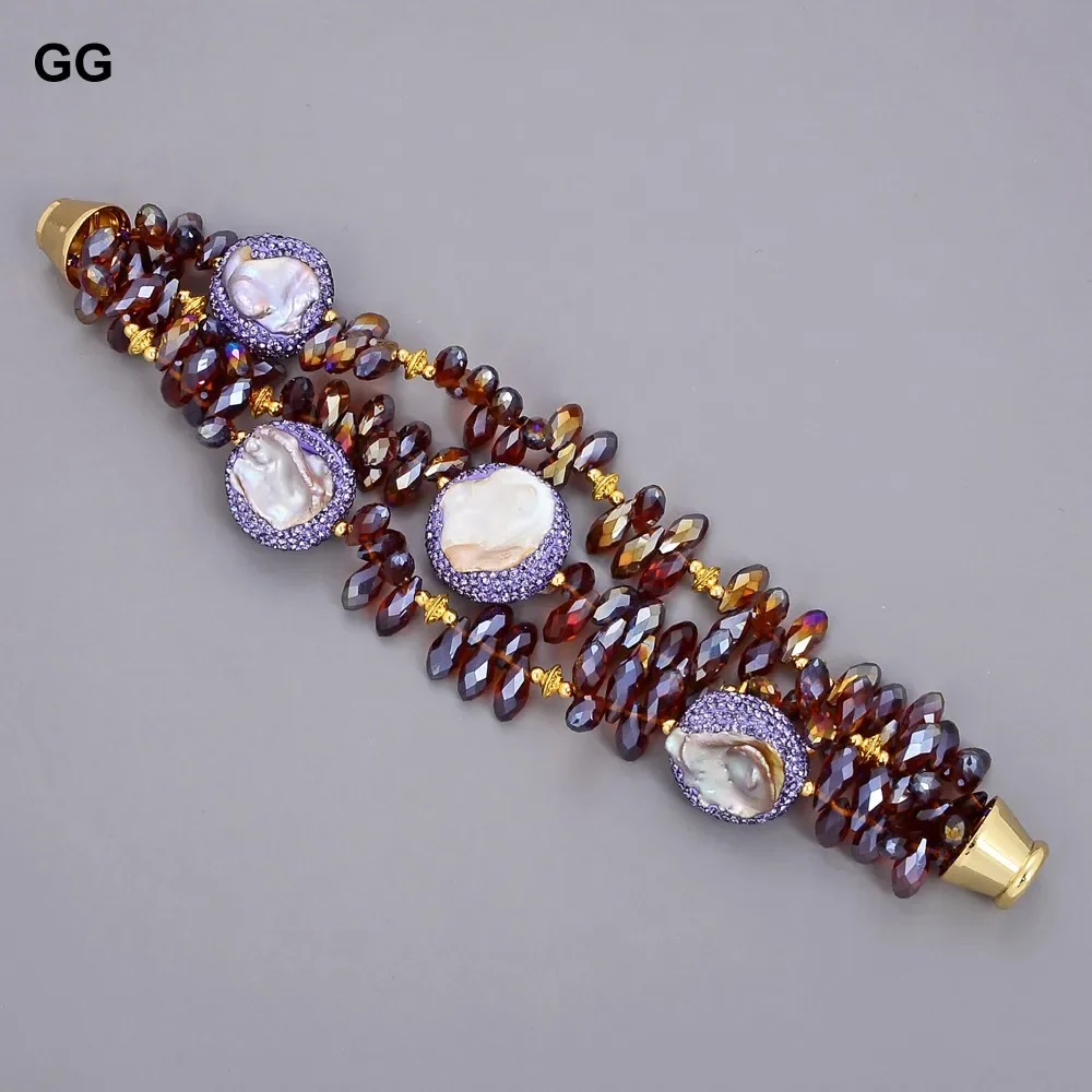 3 Rows Natural Purple Glass Crystal Keshi Pearl Bracelet Lady Jewelry Gifts